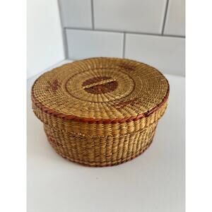 Woven Lidded Grass Basket 5.75” Wide Natural Fiber Round Basket